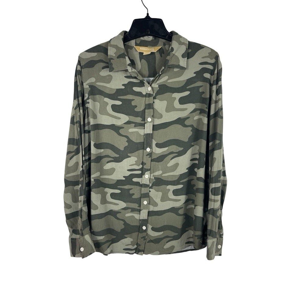 Roebuck & Co Camo Button Front Shirt Womens L Green Camo Long Sleeve Y2K Grunge